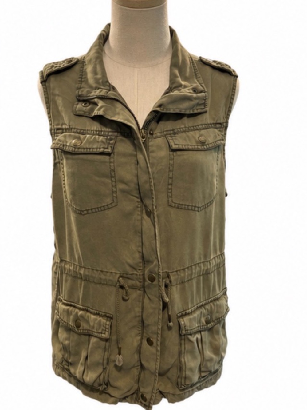 Max Jeans Olive Tencel Utility Cargo Vest Military Style Size Large Pockets